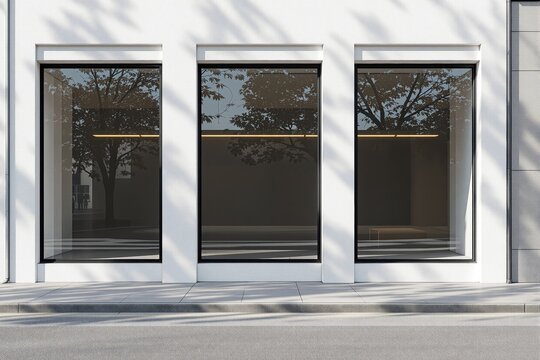 Black framed storefront windows on a modern commercial building exterior with reflections of trees.